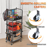 Lezbanz Heavy Duty Fishing Rod Rack with Pegboard & Hooks, Fishing Organizer for Garage Holds Up to 10 Rods, 3-Tier Fishing Gear Holder for Garage with Movable Wheels Lezbanz