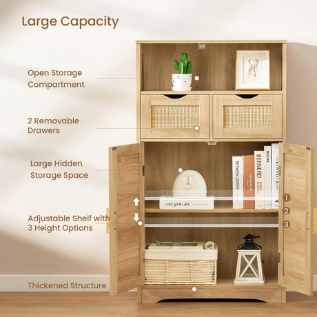 Iwell Storage Cabinet with 2 Drawers & Adjustable Shelves, Rattan Cabinet, Kitchen Pantry Cabinets, Cupboard for Living Room, Kitchen, Home Office, Natural Iwell
