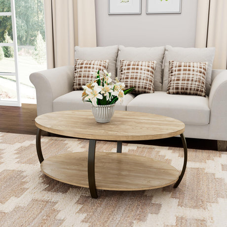 Wood Oval Coffee Table with 2 Tier Storage Shelf, 43 inch Solid Wood Center Table Rustic Accent Sofa Table with Natual Pine Wood Top & Black Curved Metal Legs for Living Room Home Decor Ripros