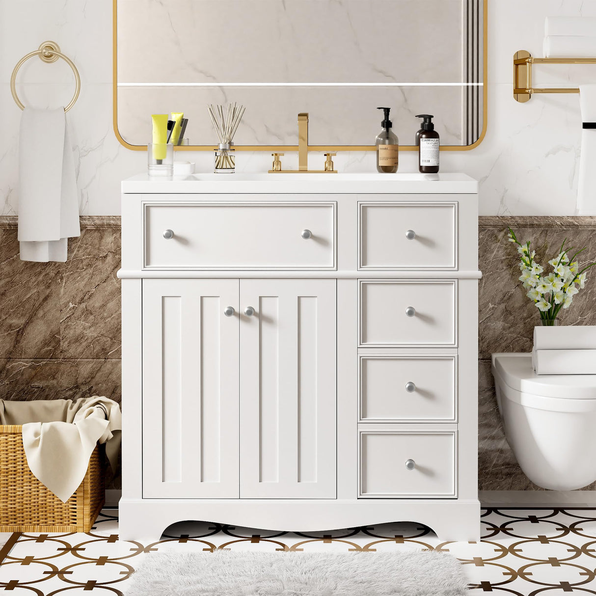 36 Inch Bathroom Vanity with Sink, Bathroom Vanities 36-Inch with Sink, Modern 36 Bathroom Sink Vanity with 2 Drawers, 1 Flip Drawer and Cabinet for Bathroom No Mirror (White) Mirightone