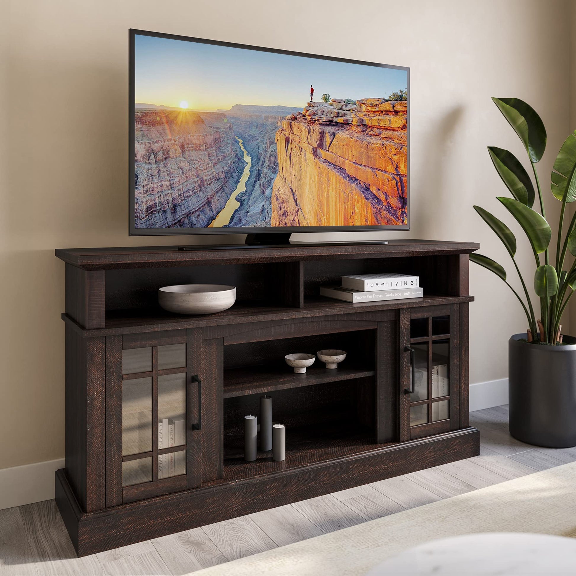 BELLEZE Traditional 58 Inch Rustic Wood TV Stand & Media Entertainment Center Console Table for TVs up to 65 Inches with Open Storage Shelves & Cabinets - Astorga (Espresso) - WoodArtSupply