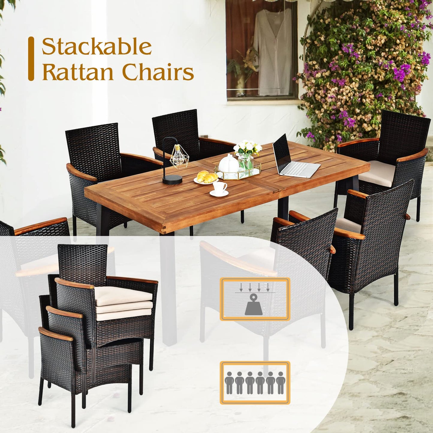 Tangkula 7 Pieces Patio Dining Set, Patiojoy Outdoor Conversation Set w/Acacia Wood Top Table & 6 Stackable Rattan Chairs, Wicker Dining Furniture w/Umbrella Hole, Steel Frame, Sponge Seat Cu - WoodArtSupply