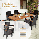 Tangkula 7 Pieces Patio Dining Set, Patiojoy Outdoor Conversation Set w/Acacia Wood Top Table & 6 Stackable Rattan Chairs, Wicker Dining Furniture w/Umbrella Hole, Steel Frame, Sponge Seat Cushions Tangkula