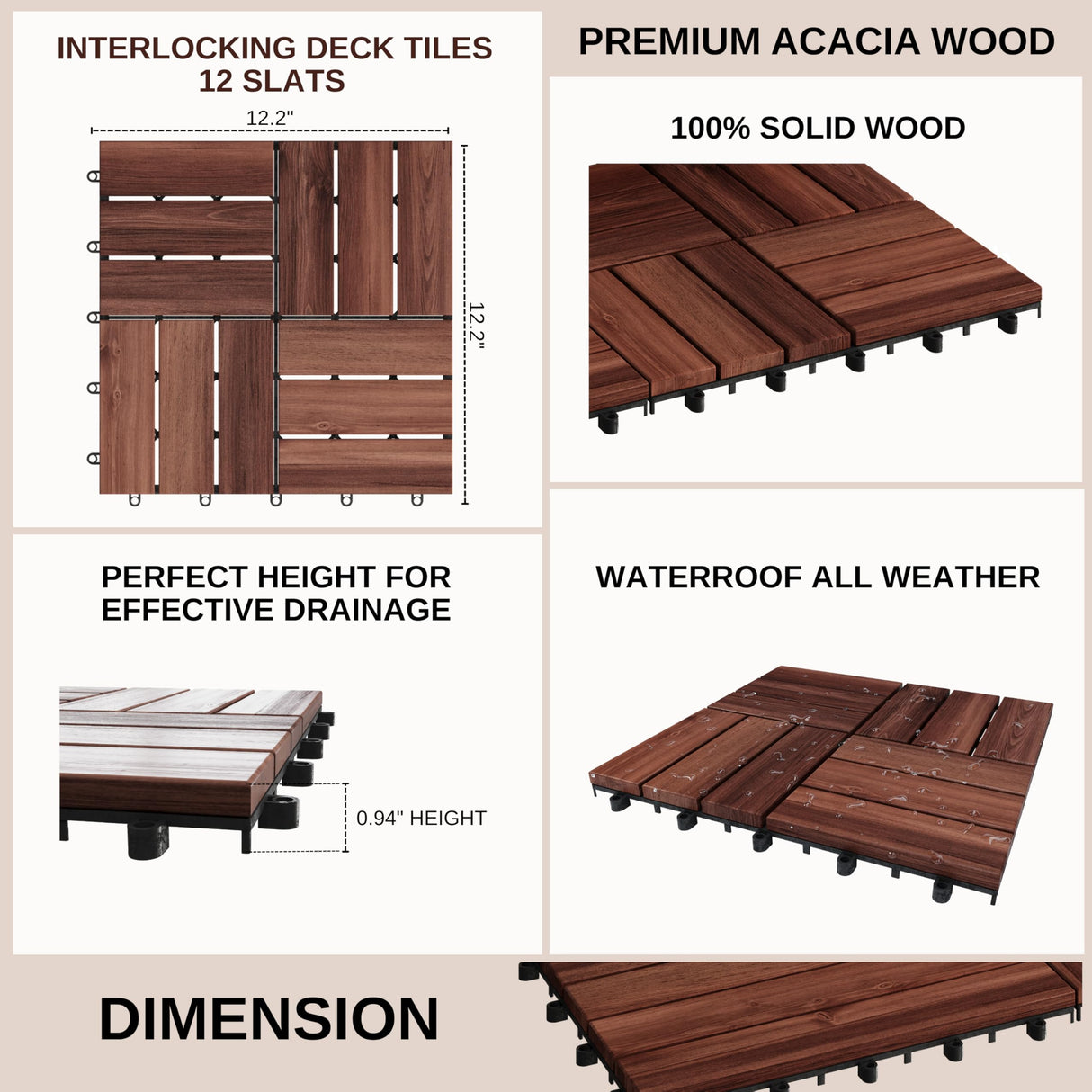 9 PCS Interlocking Deck Tiles 12" x 12"- Acacia Wood Deck Tiles Waterproof - Patio Deck Tiles for Indoor & Outdoor Use, Drainage, Non Slip, Easy Installation (Brown) J CLOVER