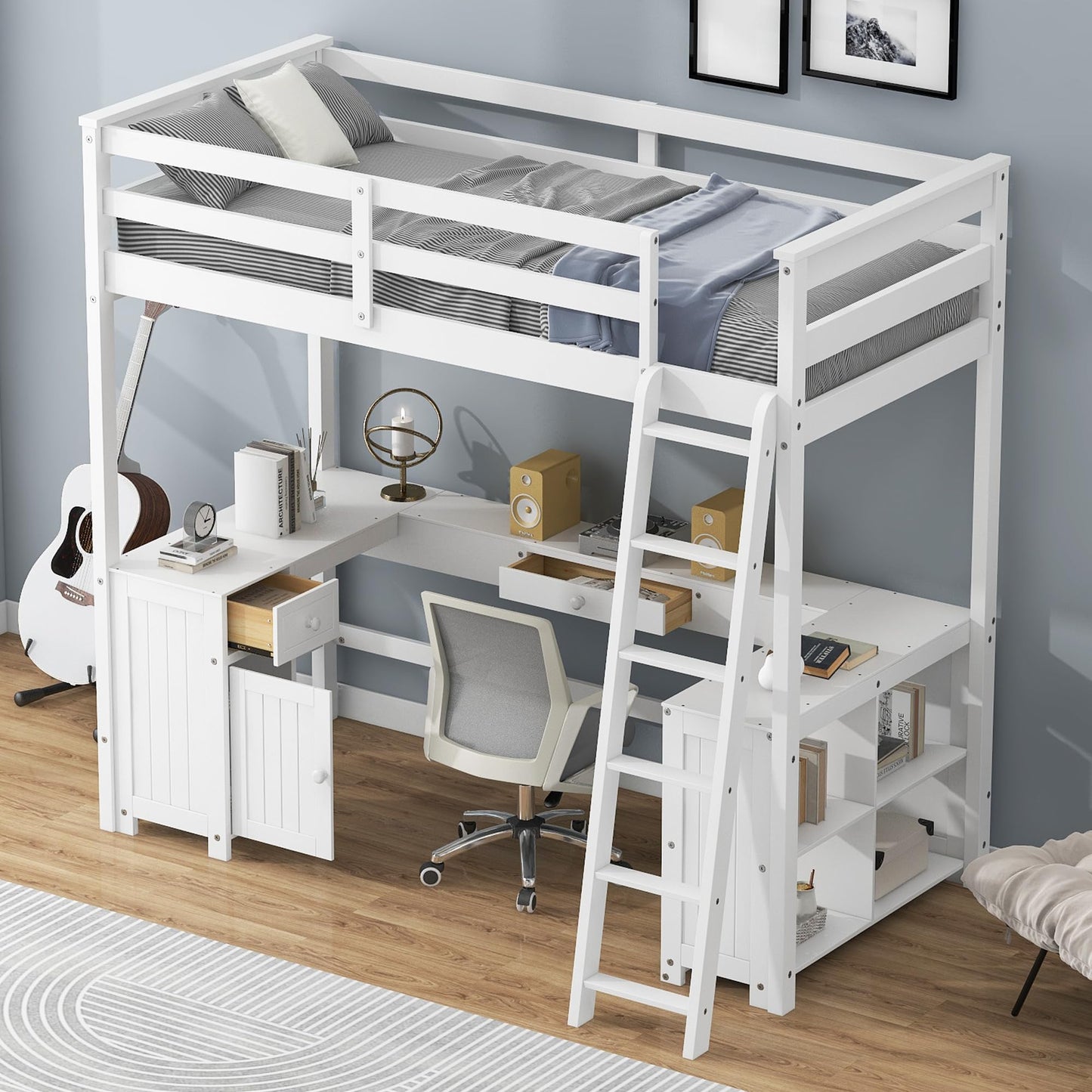 Harper & Bright Designs White Twin Size Loft Bed with U-Shaped Desk, Drawers, and Storage Shelves - WoodArtSupply