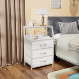Furnulem White Nightstand with 3 Drawers and 2-Tier Shelf, Small Night Stand End Table Side Furniture, Fabric Storage Organizer for Bedroom, Closet, Hallway, Nursery, Sturdy Steel Frame, Wood Top Furnulem