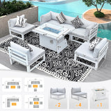 RADIATA 6 Person Large Modern Aluminum Outdoor Patio Furniture Set with Fireplace, 29" Wide Deep Seating, U Shaped Combo Sectional Couch, Water Resistant Conversation Set for Backyard Terrace, White RADIATA