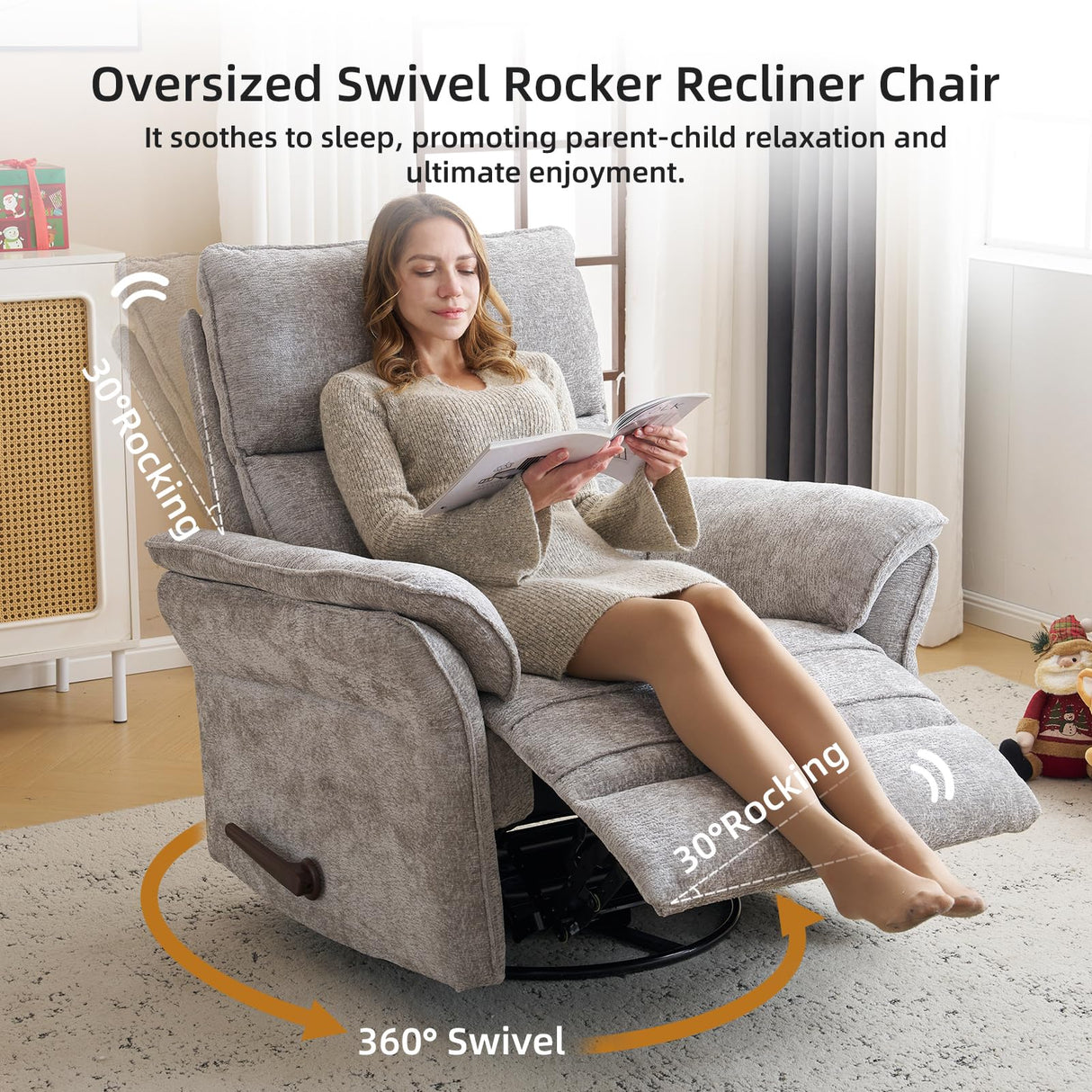 Rhevoy Oversized Glider Rocker Recliner, 26" Extra Wide 360° Swivel Nursery Recliner with Adjustable Headrest, Chenille Rocking Nursery Chair with Overstuffed Armrest, Lumbar Support, Light Grey Rhevoy