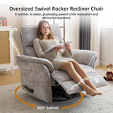 Rhevoy Oversized Glider Rocker Recliner, 26" Extra Wide 360° Swivel Nursery Recliner with Adjustable Headrest, Chenille Rocking Nursery Chair with Overstuffed Armrest, Lumbar Support, Light Grey Rhevoy
