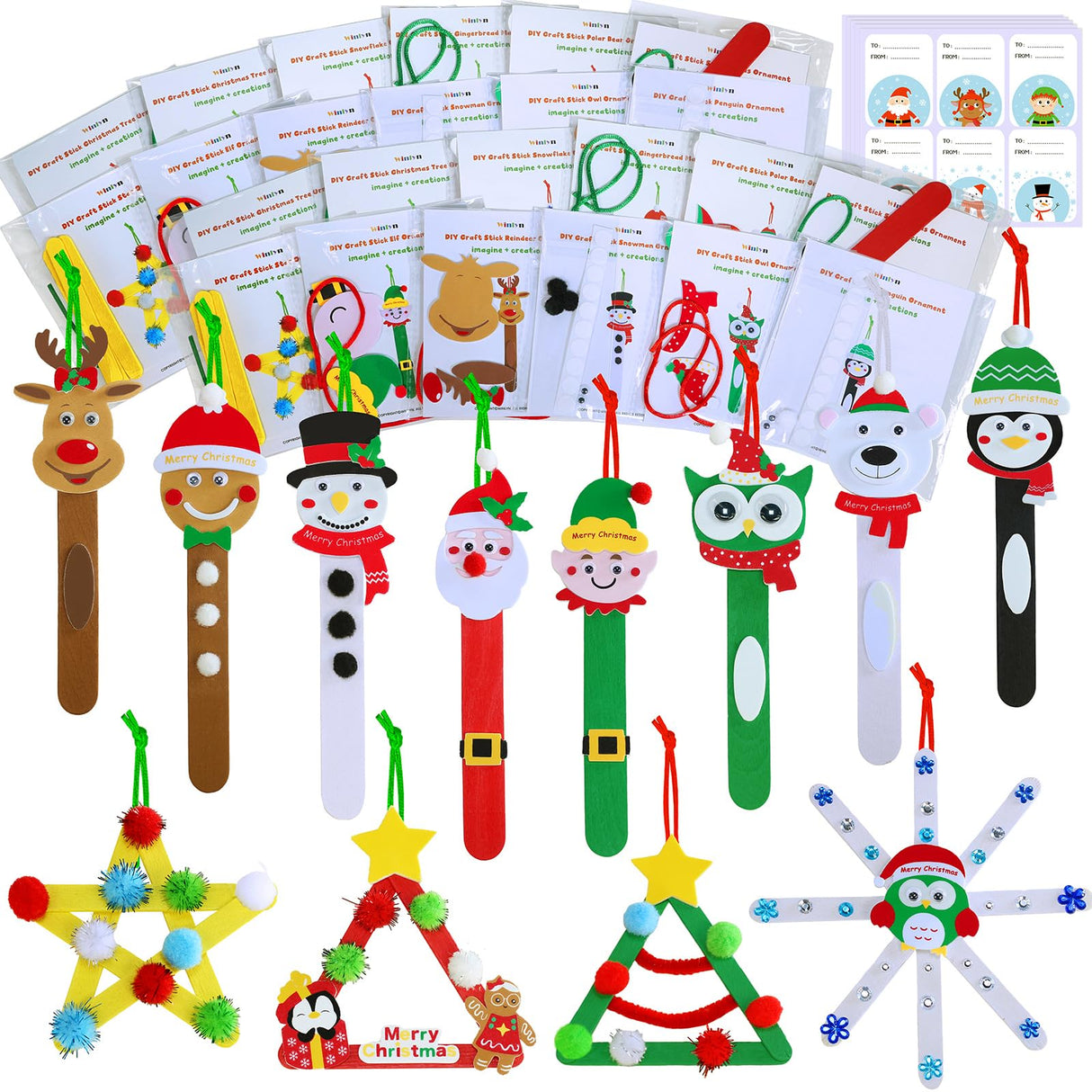 Winlyn 24 Sets Christmas Craft Kits Popsicle Stick Christmas Ornaments Winter Crafts DIY Craft Stick Santa Snowman Elf Reindeer Ornaments Art Sets for Kids Holiday Classroom Activities Party Favors Winlyn