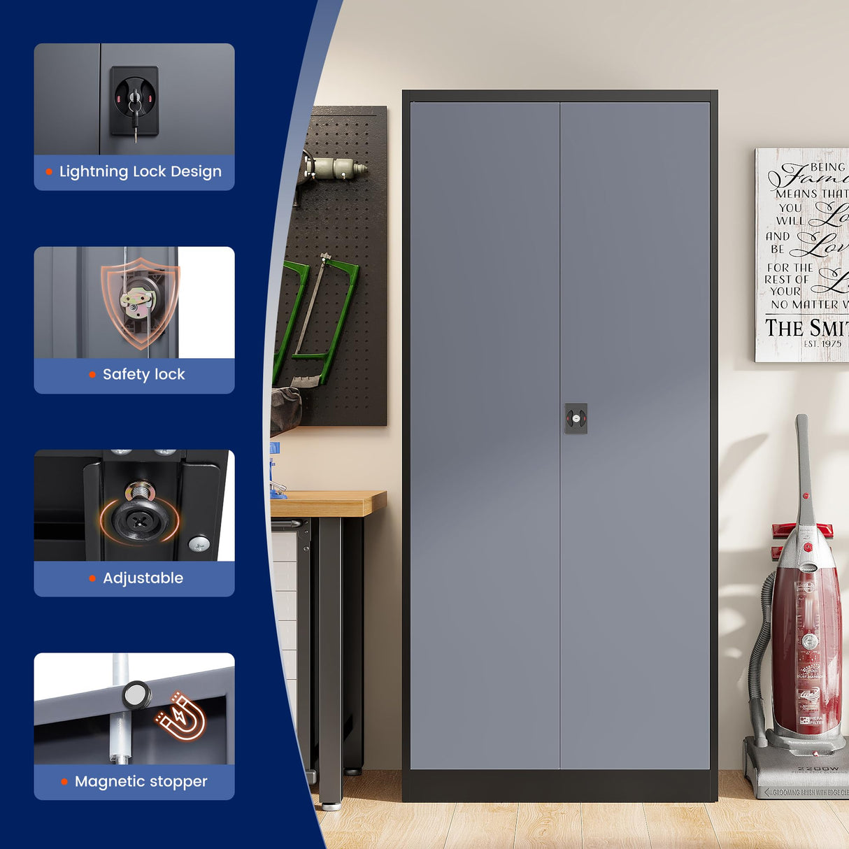 Yizosh Metal Garage Storage Cabinet with 5 Adjustable Shelves, 71" Metal Storage Cabinet with Locking Doors, Steel Tool Cabinets for Home, Office, Garage, Warehouse, School (Black Grey) Yizosh