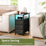 Yoobure End Table with Charging Station, LED Narrow Side Table Bedside Table, Small Night Stand End Tables Living Room, Skinny Nightstand with 3 Fabric Drawers, Side Tables Bedroom for Small Spaces Yoobure