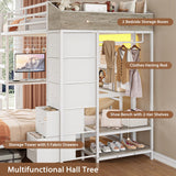 VIAGDO Bunk Bed Twin Over Twin with Hall Tree, Charging Station and LED Lights, L-Shaped Bunk Bed with Desk, 5 Storage Drawers, Twin Bunk Beds with Guardrail & Stairs, No Box Spring Needed, White VIAGDO