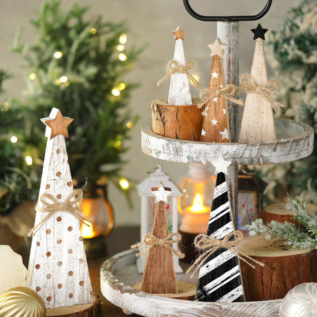 Yuntau 6 Pcs Christmas Wooden Farmhouse Table Christmas Decor Rustic Wooden Sign Block Table Christmas Decoration Christmas Tiered Tray Decor for Farmhouse Xmas Desktop Decoration (Xmas Tree) Yuntau
