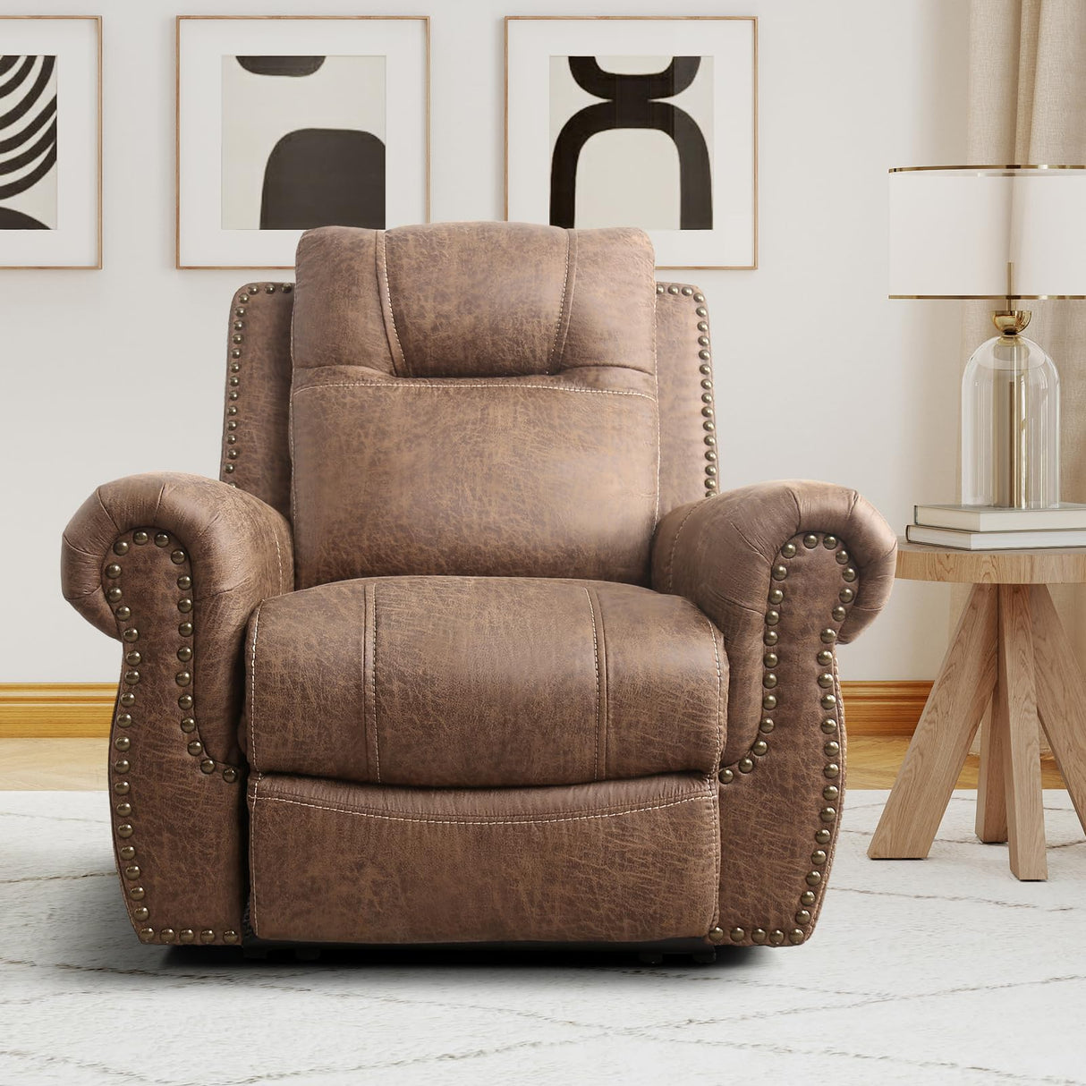 CANMOV Power Recliner Chair for Adults,Faux Leather Electric Reclining Chair with Overstuffed Arm and Back,Classic Power Recliner Single Sofa with Rivet Decoration, USB Port for Living Room,Nut Brown CANMOV