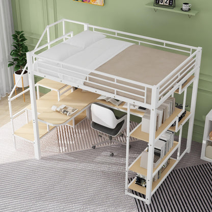 RuiSiSi Multifunctional Full Metal Loft Bed with Integrated Desk, Wardrobe, and Shelves in White - WoodArtSupply