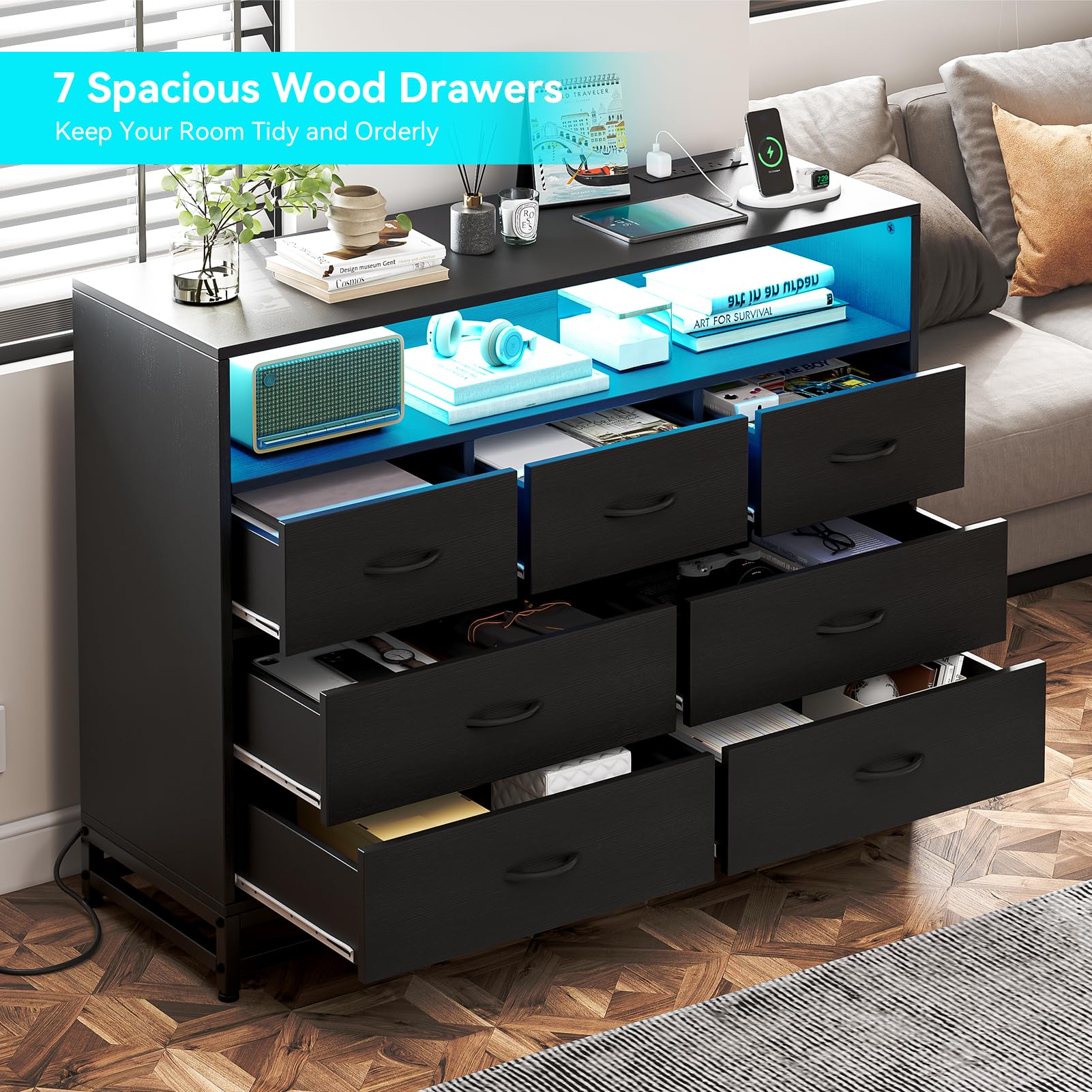 Black Dresser for Bedroom, Modern 7 Drawers Long Dresser with Charging Station and LED Lights Design, Wooden Large Capacity Storage Chest of Drawers, Wide Dresser for Living Room, Hallway - WoodArtSupply