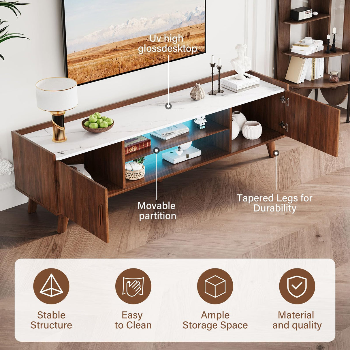Svimi Modern Lift Top Coffee Table & 65" TV Stand Set of 2, Extendable LED Entertainment Center with Power Outlets/Hidden Storage(Walnut Brown & White Coffee Table + Walnut Brown TV Stand) Svimi