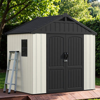 Devoko Plastic Outdoor Storage Shed with Floor, 8 x 6 FT Resin Tool Garden Shed with DIY Window and Lockable Door, Outside Kick-it Shed for Patio,Garden, Backyard, Lawn, Beige