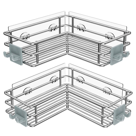 Nieifi Corner Shower Shelves Stainless Steel, Adhesive Shower Caddy Basket Rack with Hooks, Rust Proof for Bathroom Shelf Shampoo Holder (Silver, 2 Pack) Nieifi