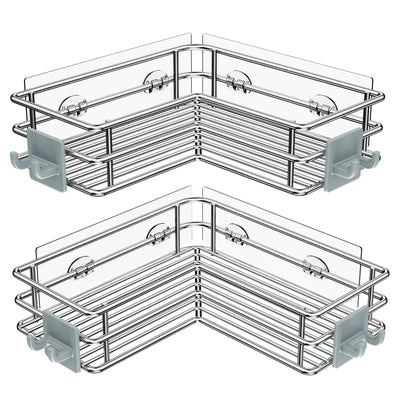 Nieifi Corner Shower Shelves Stainless Steel, Adhesive Shower Caddy Basket Rack with Hooks, Rust Proof for Bathroom Shelf Shampoo Holder (Silver, 2 Pack)