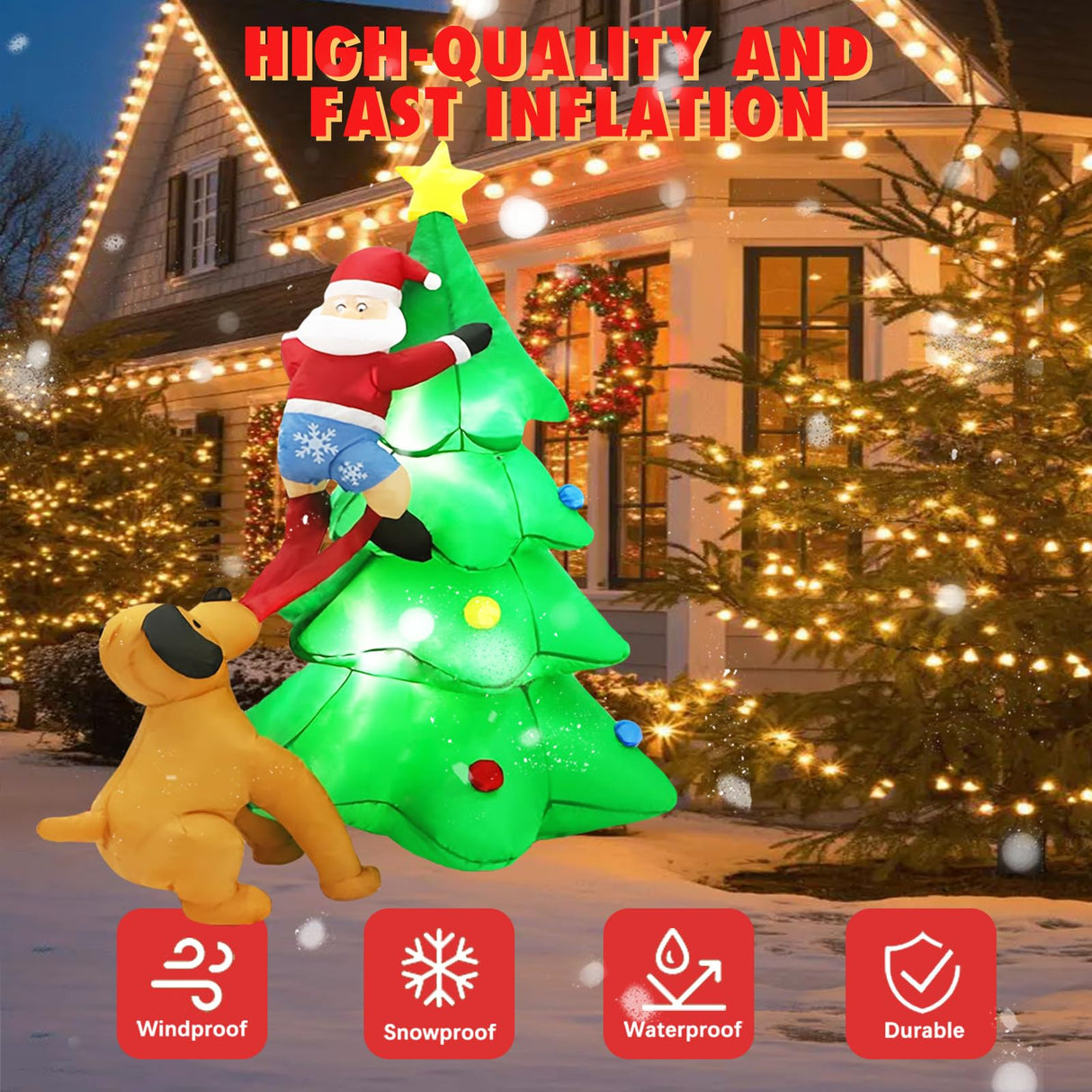 PIPIMOUSE 6FT Christmas Inflatables Tree Outdoor Decoration with LED Lights, Santa Claus Chased by Dog Inflatable Christmas Tree Blow Up Yard Decoration for Patio Lawn Garden Xmas Party Decor PIPIMOUSE