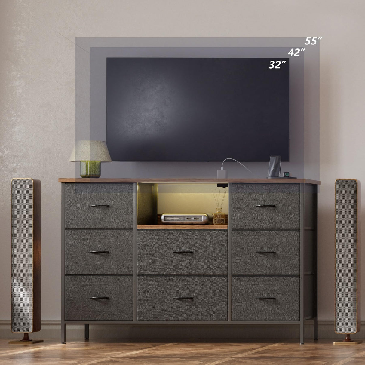 VASICAR Black Dresser with LED Lights & Power Outlets, Dresser TV Stand with 8 Drawers for 55" TV, Fabric Chest of Drawers for Bedroom, Living Room, Entryway VASICAR