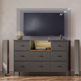 VASICAR Black Dresser with LED Lights & Power Outlets, Dresser TV Stand with 8 Drawers for 55" TV, Fabric Chest of Drawers for Bedroom, Living Room, Entryway VASICAR