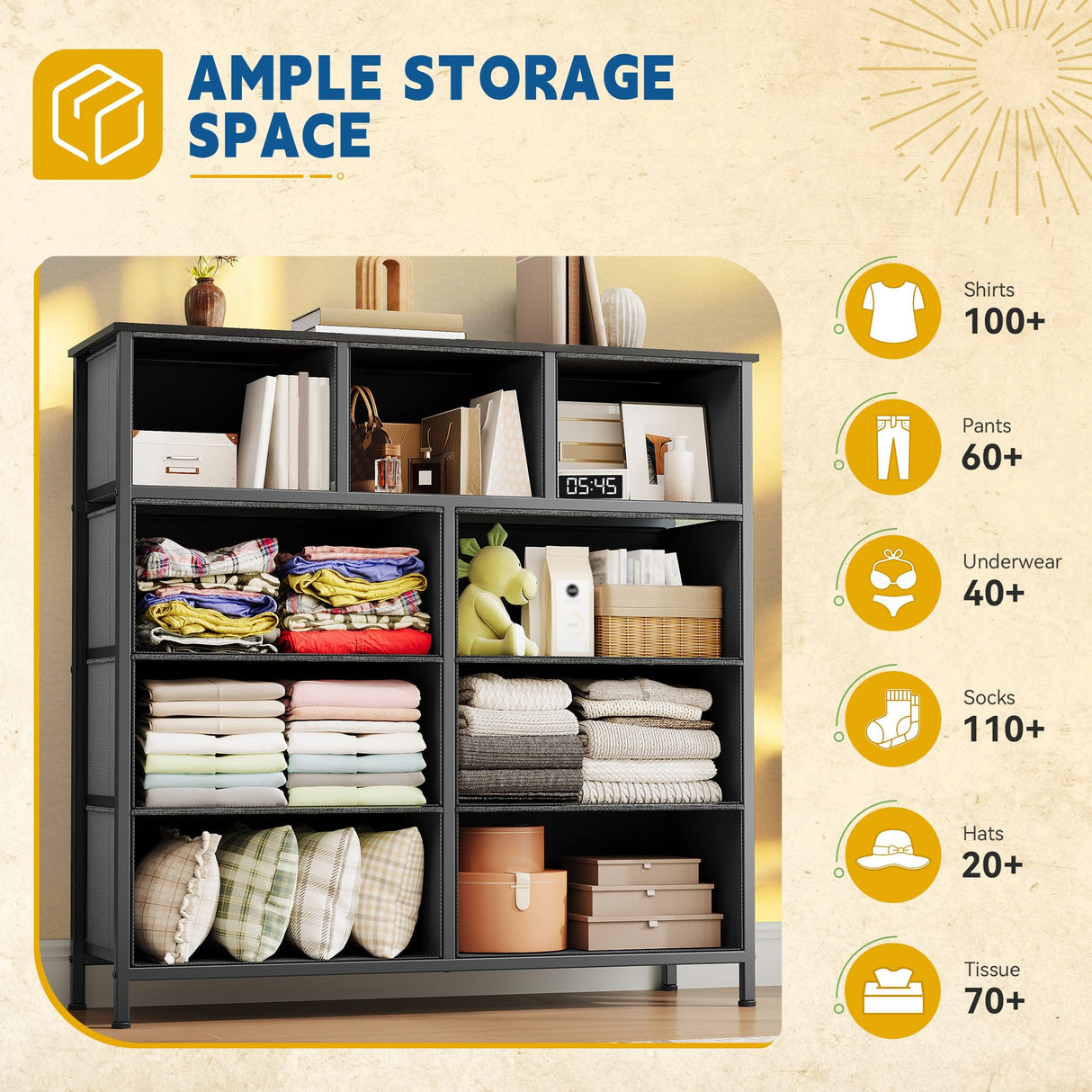 DWVO 9 Drawers Dresser for Bedroom, Fabric Storage Tower for Living Room, Entryway - Sturdy Steel Frame, Wooden Top & Easy Pull Fabric Bins DWVO