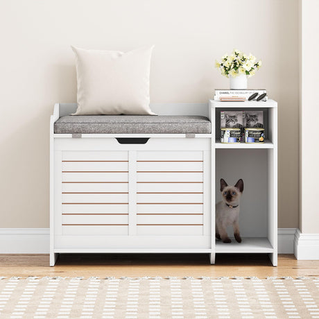 IDEALHOUSE Litter Box Enclosure with Top Opening with Cushion, Cat Litter Box Furniture Hidden, Litter Box Hidden, Cat House, Privacy Cat Litter Box Cabinet, White IDEALHOUSE