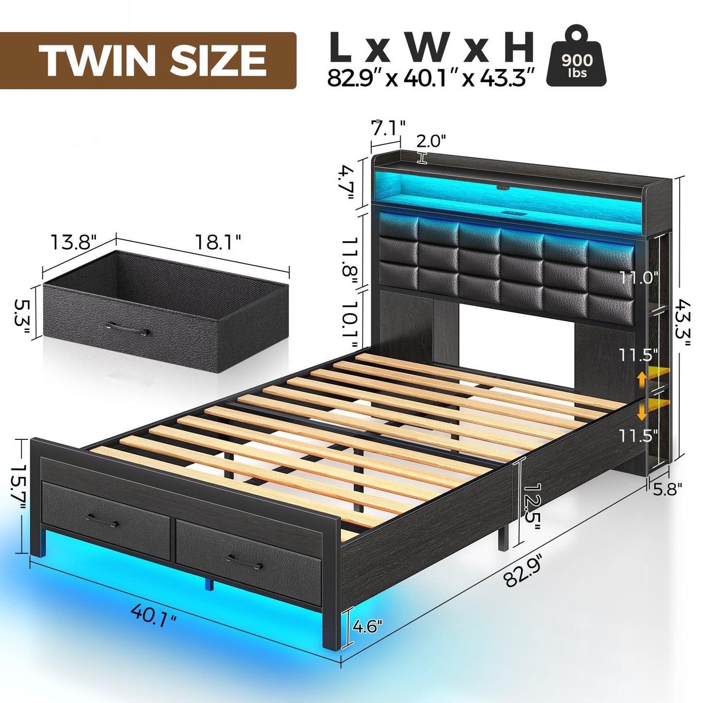 Rolanstar Bed Frame Twin Size with Storage Headboard and 2 Drawers, Upholstered Platform Bed with Charging Station and LED Light, Heavy Duty Frame Support, No Box Spring Needed, Noise Free, Black