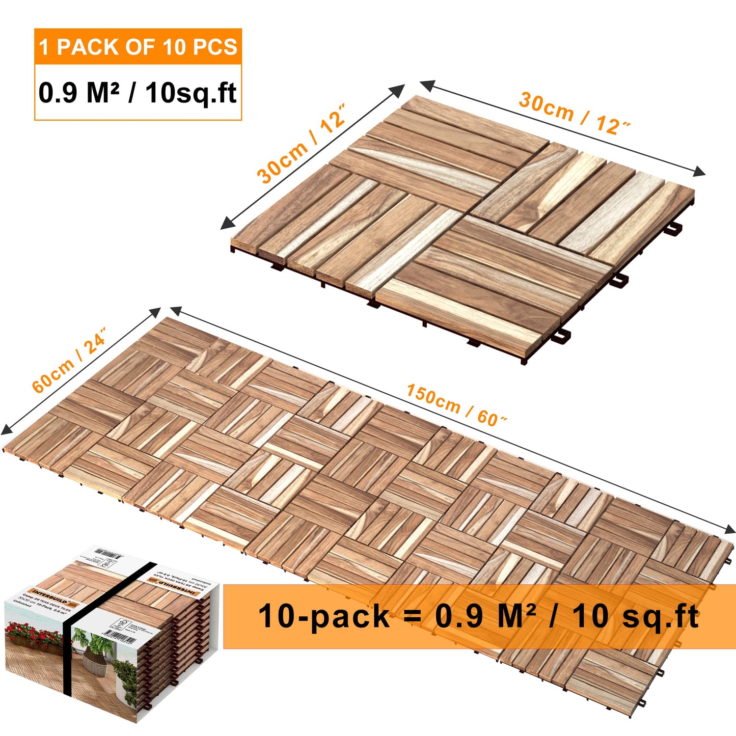 Interbuild Teak Hardwood Interlocking Patio Deck Tiles, 12" × (Pack of 10), Easy to Install Floor Tile for Both Indoor & Outdoor Use, 20 Individual Wood slats on Each Tile - WoodArtSupply