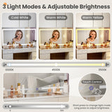 Pamapic Glass Top Vanity Desk with Crystal Handles, 11 Drawers Makeup Vanity with Mirror and Stool, 3 Lighting Modes Dressing Table, Power Outlet, Silent Slides, White Pamapic