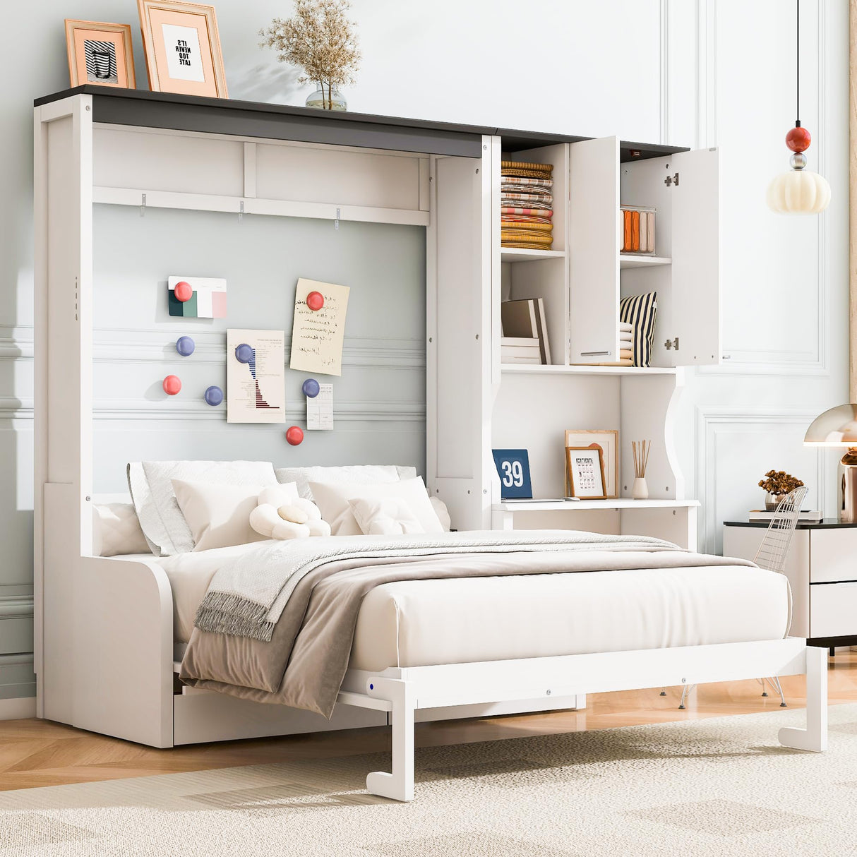 Merax Farmhouse Multi-Functional Murphy Bed with Sofa, Desk & Storage Cabinet,Solid Wood Foldable Wall Bed/Space Saving/No Box Spring Needed/Full,White + Gray Merax