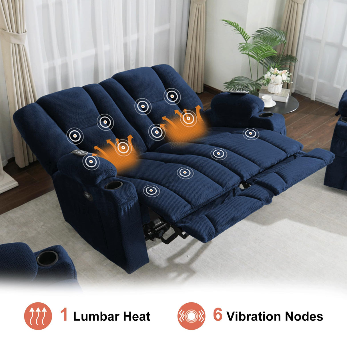 MCombo 57.8" Zero Gravity Power Loveseat Recliner with Heat and Vibration Massage, Reclining Loveseat Sofa with USB Ports, Cup Holders for Living Room, Fabric 6035SET (Navy Blue) MCombo