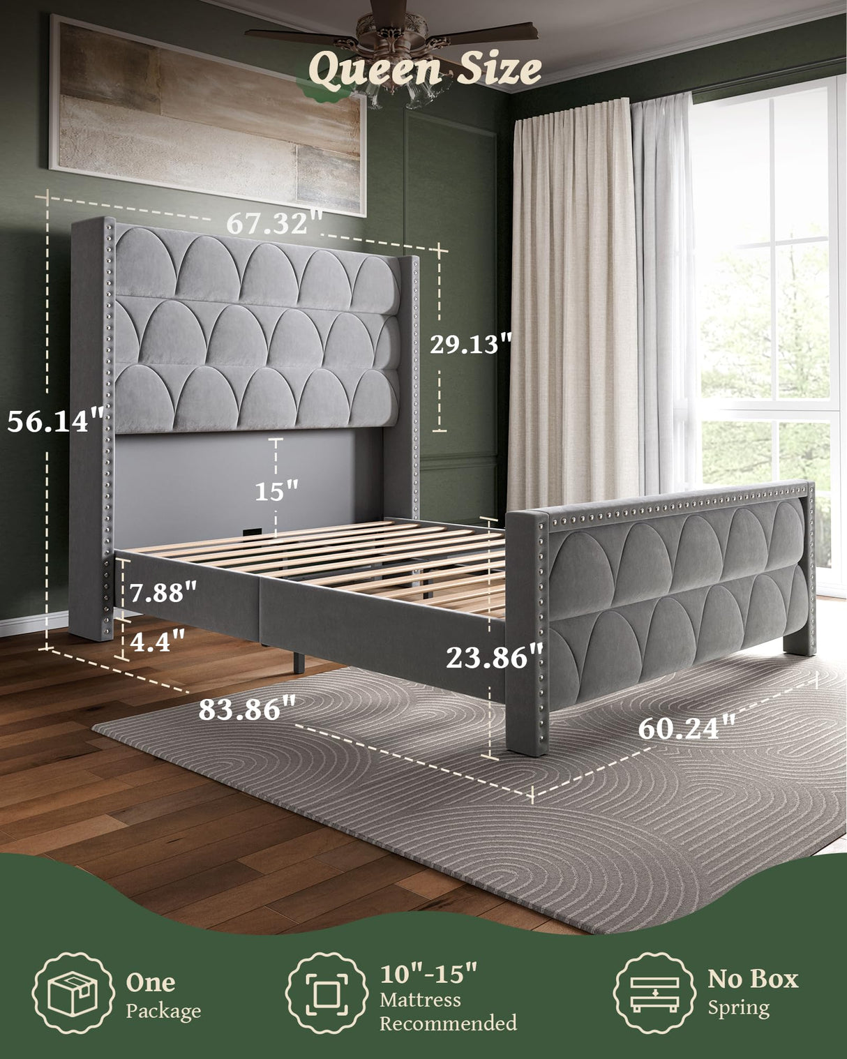 OHOHOLIVE Queen Size Bed Frame with 56" Headboard - 1000LBS Capacity Support, Velvet Upholstered Wingback Platform Bed Frame, Noise Free, Sturdy Wooden Slat Support OHOHOLIVE