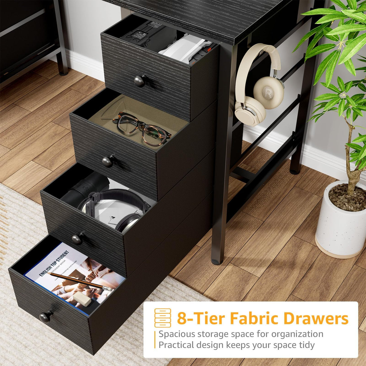 Black Gaming Desk with Drawers on Both Sides, 55 Inch Home Office Computer Study Writing Work PC Desk with 8 Storage Drawers Storage for Bedroom DLisiting