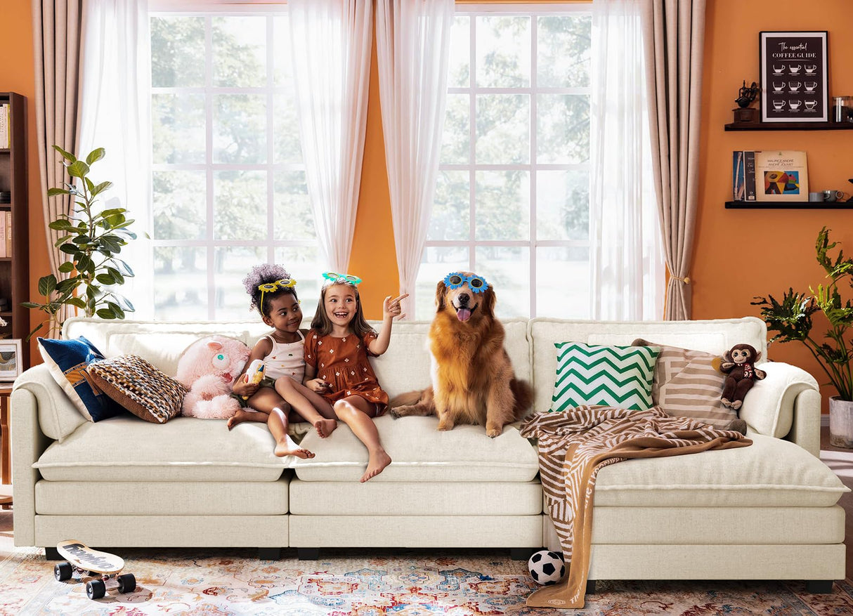 ELUCHANG 113" L Shaped Modular Sectional Sofa, Comfy Cloud Couch, Deep Seat Sofa Couches for Living Room, 4-Seater Modern Sofa with Movable Ottoman for Apartment, DIY Combination,Chenille Cream White ELUCHANG