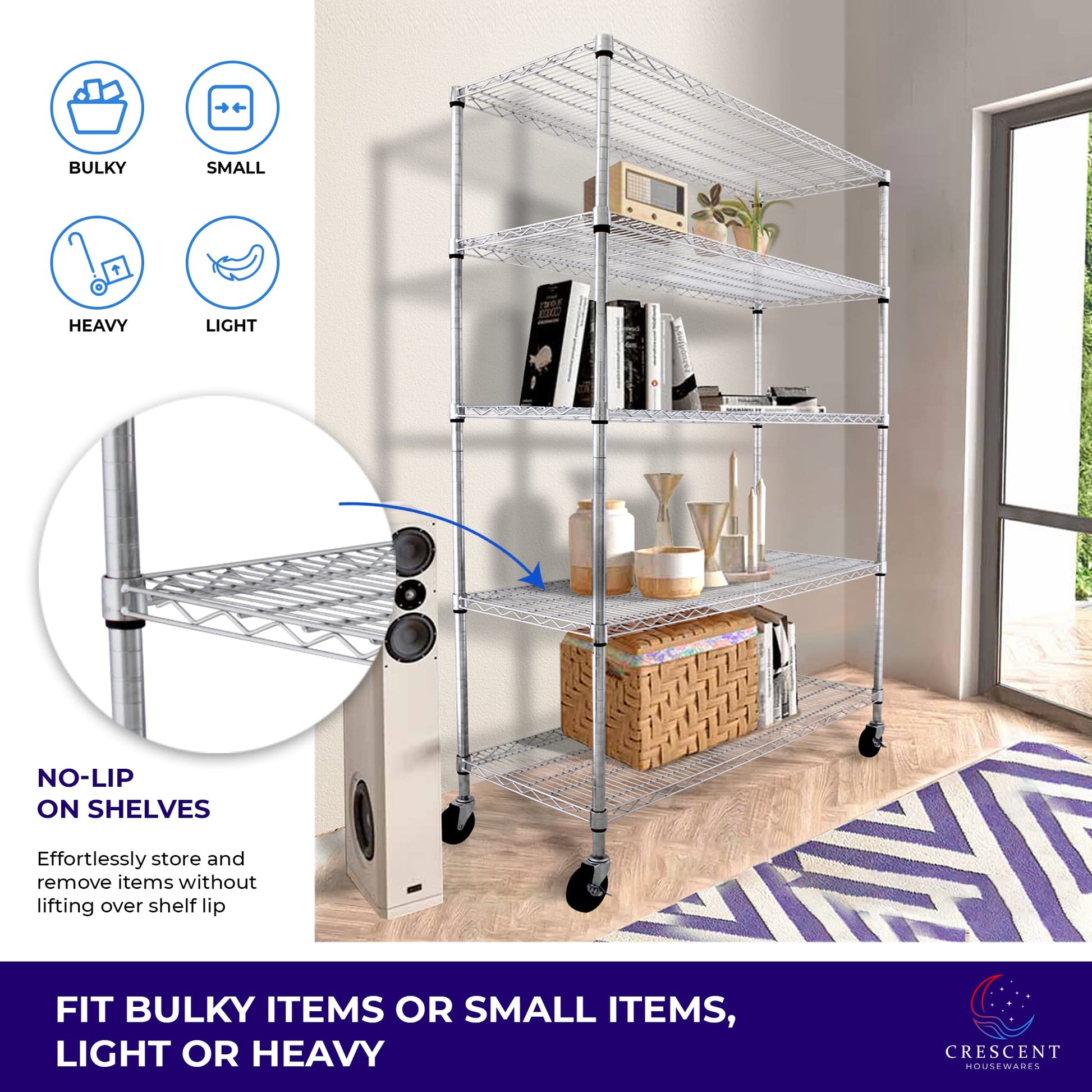 Crescent, Chrome, 36 x 18 x 76, 4000 LBS, Metal Shelves for Storage with Wheels, Ideal for Garage Shelving, 5 Tier Wire Shelving Rack for Kitchen - WoodArtSupply