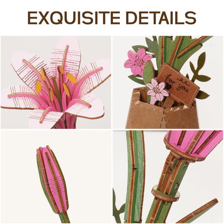 ROBOTIME 3D Puzzle Wooden Flower Pink Lily DIY Model Kit to Build for Adults Artifical Bouquet Collection Craft Brain Teaser Puzzle Creative Gift Home Decor ROBOTIME