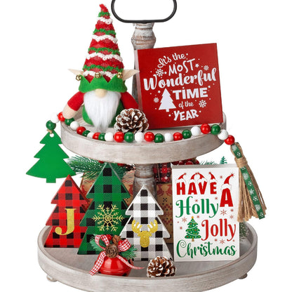 Christmas Tiered Tray Decor 10 PCS Christmas Decorations for Home - Christmas Table Decor Wooden Signs & Christmas Gnome Plush Set - Farmhouse Christmas Tray Decor Kitchen Table Mantel Christmas Party