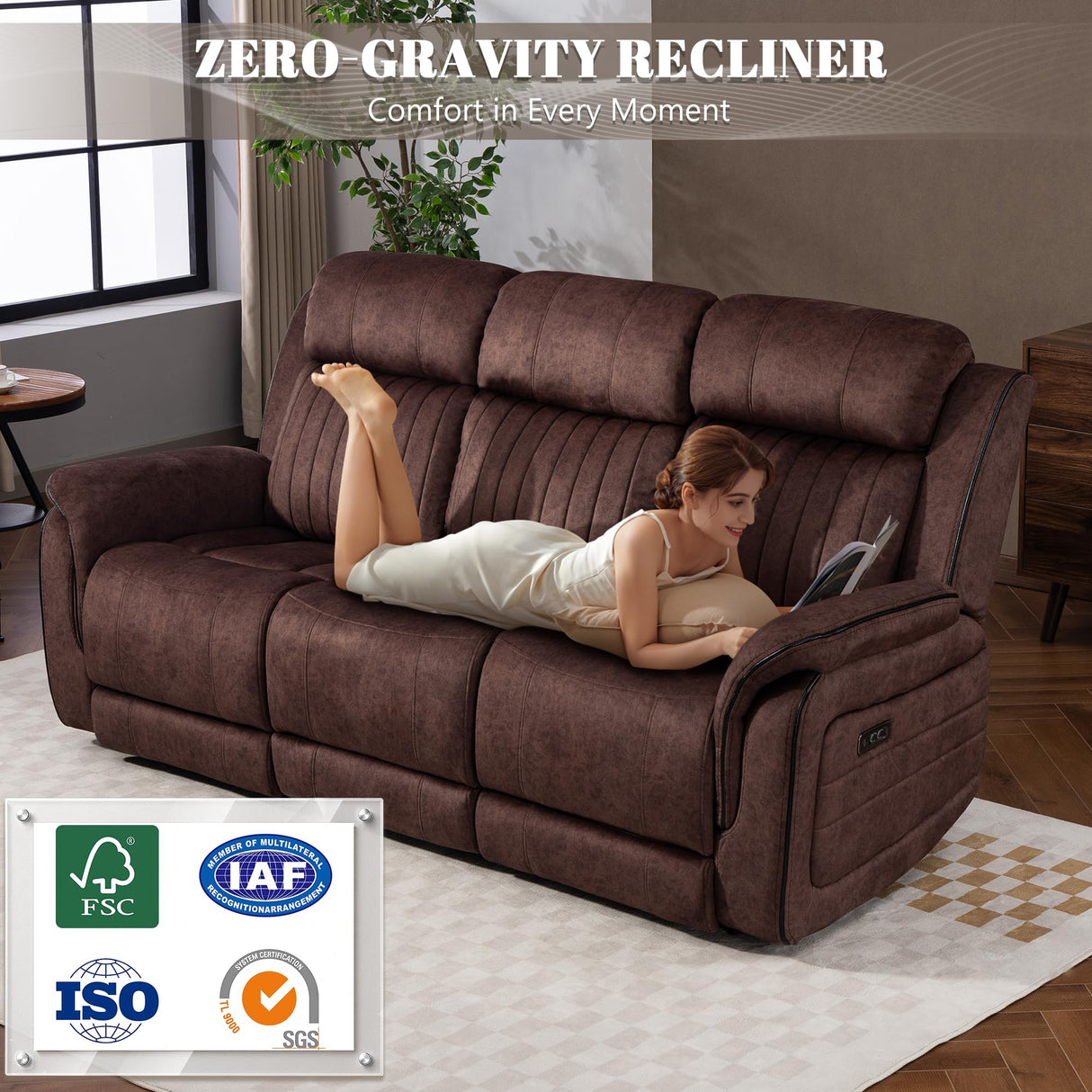 Zero Gravity Power Recliner Sofa Couch – Electric Reclining Sofa with Drop Down Table & Wireless Charging, 3 Seater Dual Reclining Couch with Adjustable Headrests for Living Room (Velvet, Brown) CALIVIA