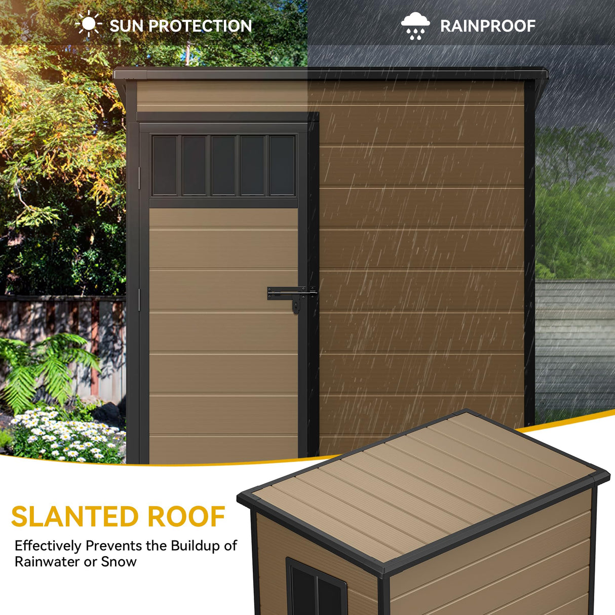 DWVO 5x3FT Outdoor Storage Shed, All-Weather Resin Plastic Storage Shed with Windows, Slanted Roof, Raised Floor, 65 cu.ft Capacity for Garden Tools & Equipment, Ideal for Backyard & Garden, Brown DWVO