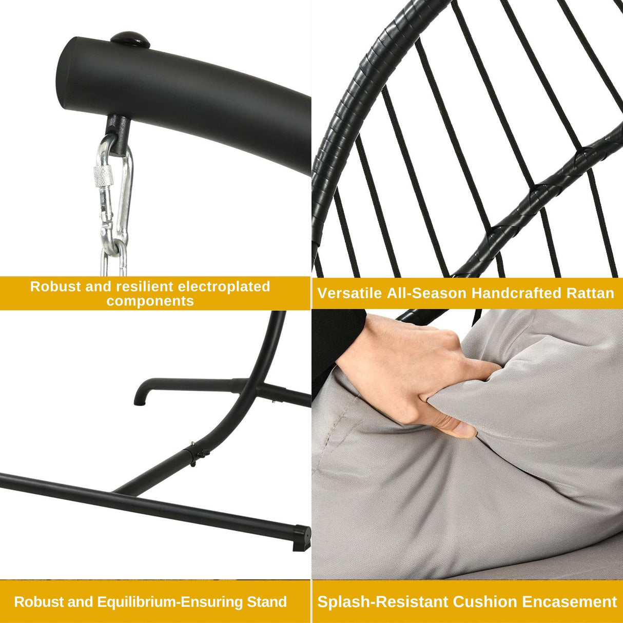 DWVO Wicker Swing Egg Chair 300lbs Capacity - Foldable Hanging Hammock with Cushions & Stand, Indoor/Outdoor Patio Swing Chair for Bedroom, Garden, Balcony (Grey) DWVO