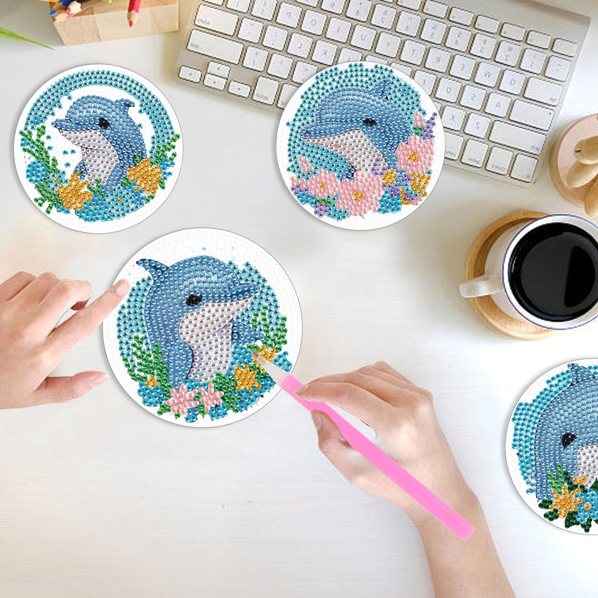AiYuanzsh 4 PCS Diamond Painting Coaster Kits, Animal Dolphin Diamond Art Coasters 5D Diamond Painting Kits for Adults Beginners, Diamond Art Craft Supplies Christmas Gift AiYuanzsh