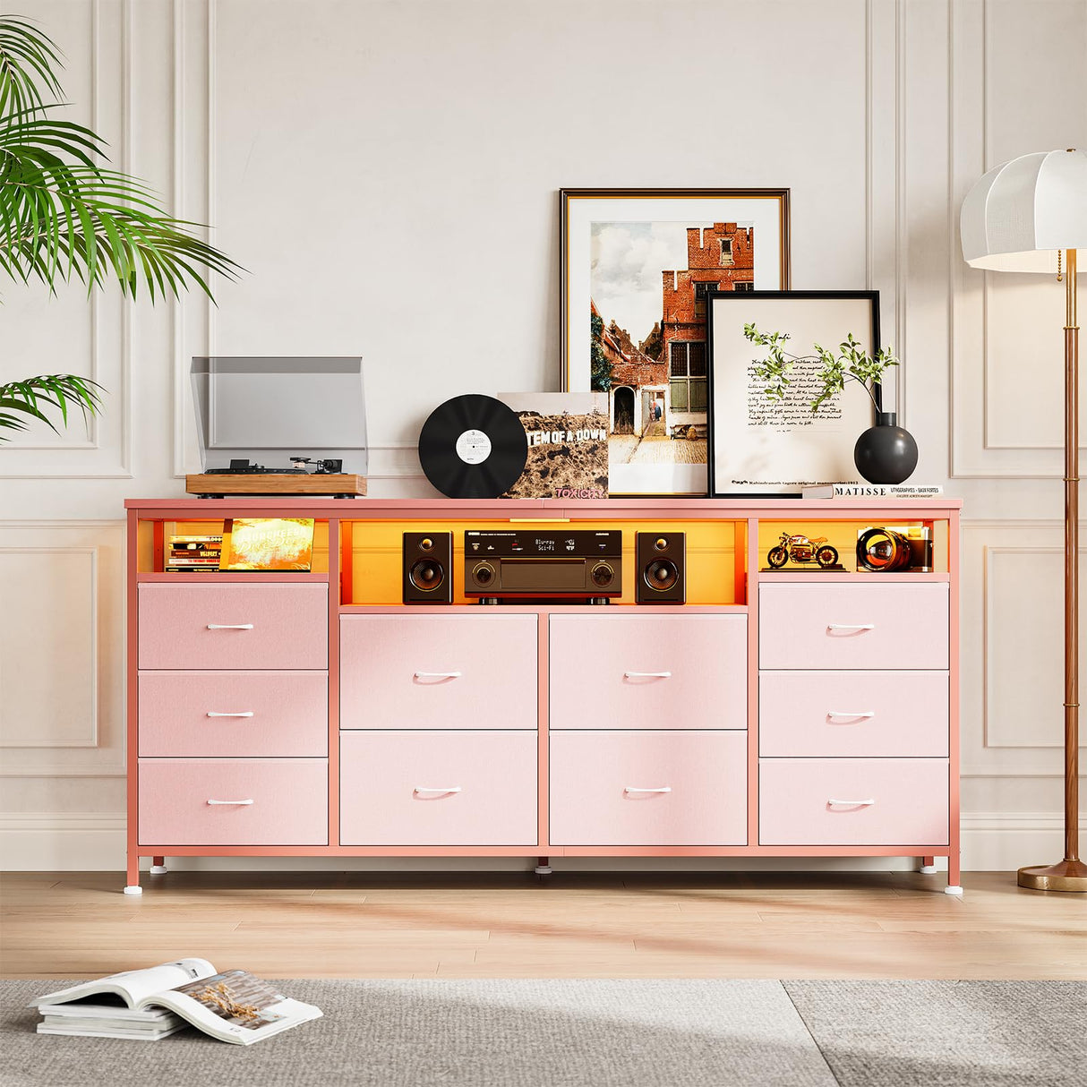 Patikuin 10 Drawer Dresser TV Stand for 65 70 75 Inch TV, 63" W Long Fabric Entertainment Center, Chest of Drawers Dresser for Bedroom with Led Lights & Power Outlets Patikuin