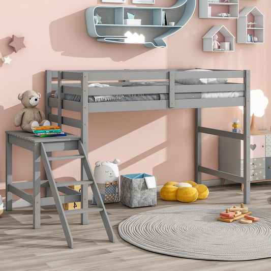 Bellemave Twin Size Low Loft Bed for Kids,Solid Wood Loft Bed with Platform and Ladder,Space Saving Loft Bed for Teens,Girls Boys(Twin,Gray)