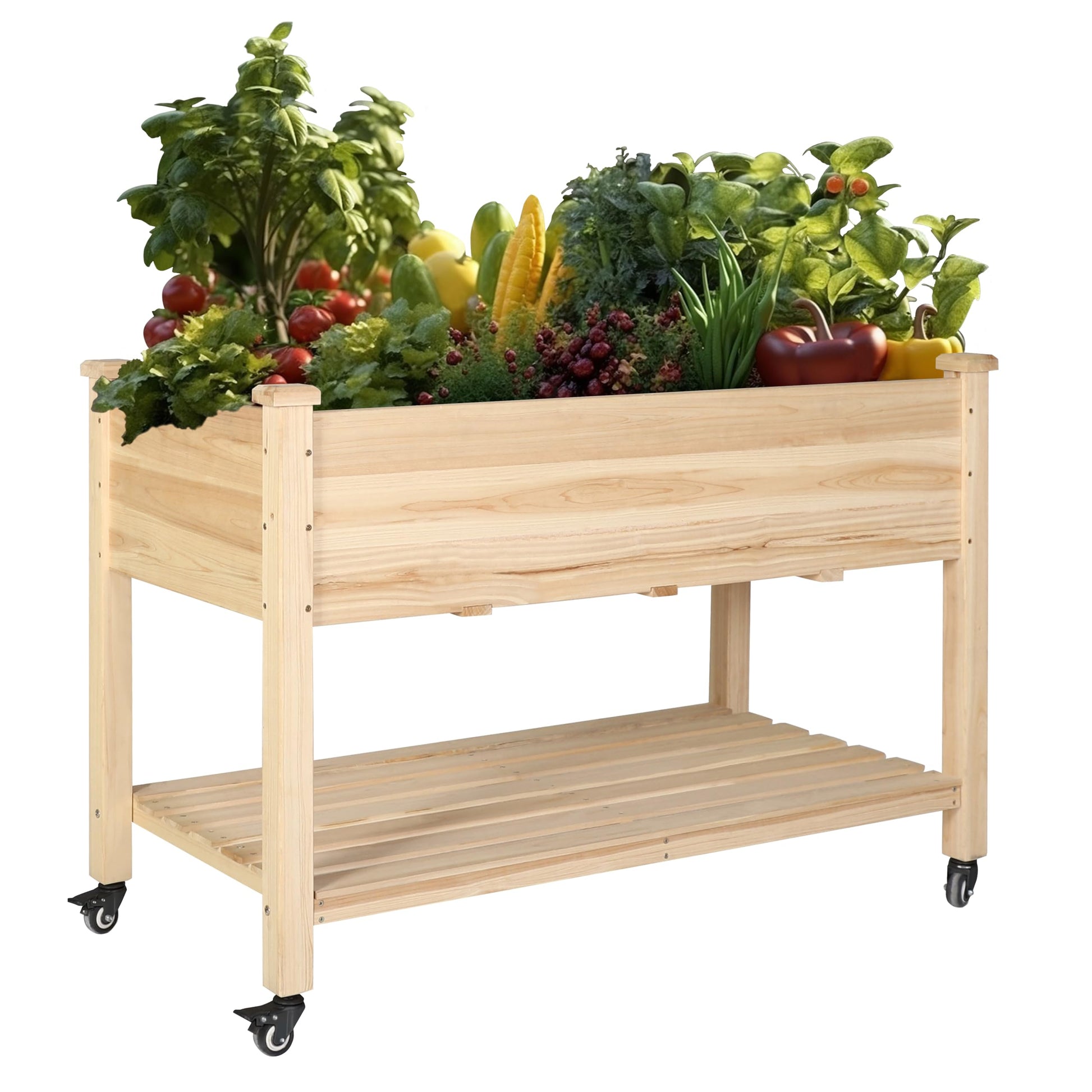 MUPATER Raised Garden Bed Planter Box with Four Wheels and Legs for Herbs and Vegetables, Elevated Garden Bed with Drainage Holes for Outdoor Indoor, Natural Wood - WoodArtSupply