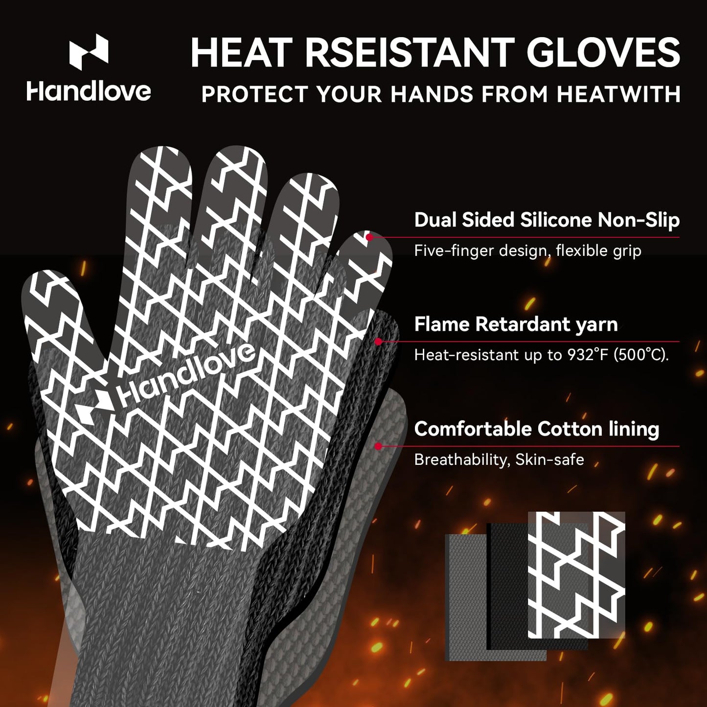 HandLove BBQ Gloves - Heat Resistant Grilling, Oven Gloves for Culinary Experts - Extreme Fireproof Protection, Silicone Grip, Long Cuff Mitts - Kitchen & Outdoor Barbecue, Cooking, Baking, Black, L