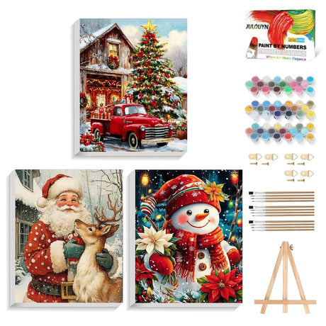 XTCIXAL 3 Pack Paint by Numbers Kit for Adults with Framed and Easel, Christmas Paint by Number Kits, Santa Claus Truck Snowman Acrylic Oil Painting for Home Wall Decor (9.5x12 Inch) XTCIXAL